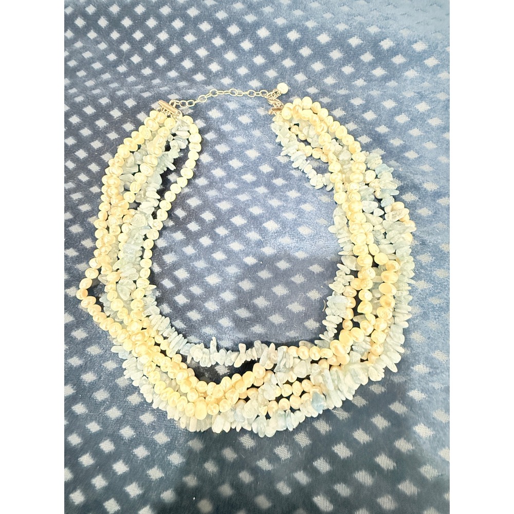 Multi Strand Pearl Aquamarine Gemstone Necklace Toggle Clasp Beach